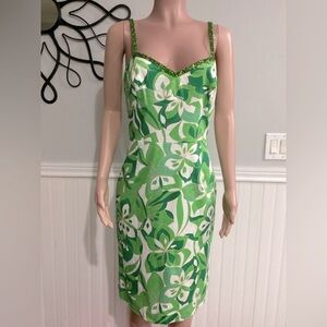 Spenser Jeremy NWT Green White Floral Dress with Sequins & Bead Trim size 10